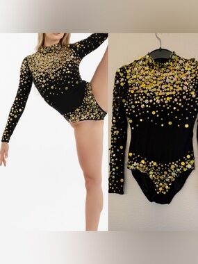 Glamour dance costume black gold mesh sequin gem long sleeve leotard-Adult SA